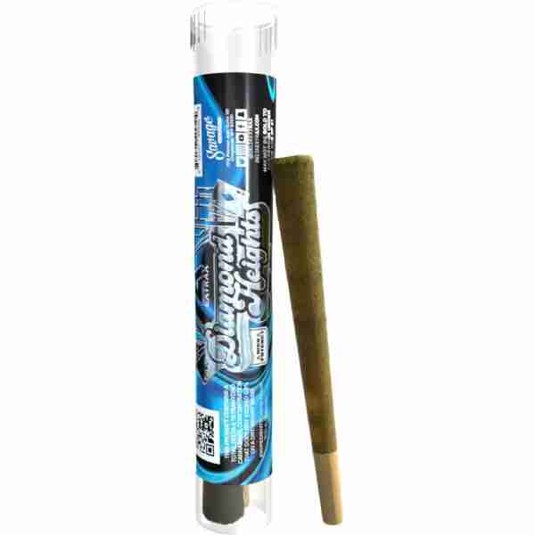 A tube of quick fix synthetic urine next to a Blue Dream herbal cigarette on a white background.