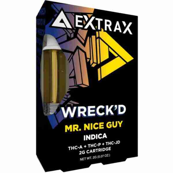 A product box for "extrax wreck'd mr. nice guy," which appears to be a 2-gram cartridge of cannabis concentrate with various thc compounds.