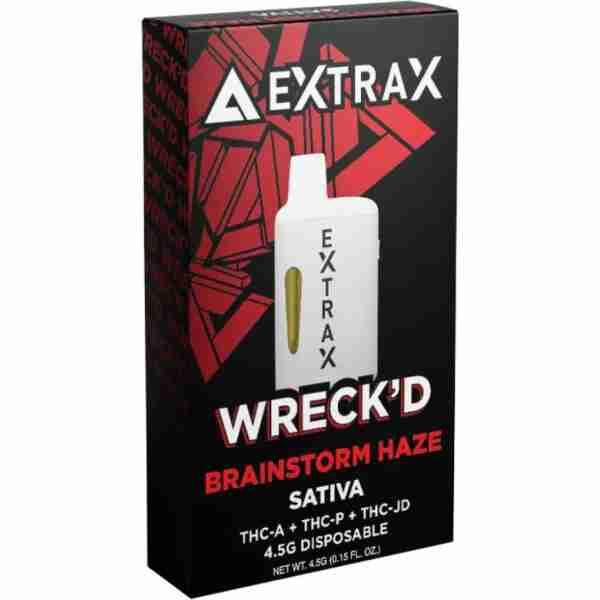 A package of Delta Extrax "Brainstorm Haze" sativa disposable vape with THCA and THC-P listed.