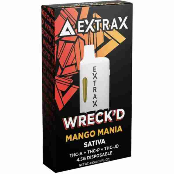 Product packaging for "Delta Extrax Mango Mania," a cannabis-derived disposable vape device with a sativa blend, featuring THCA, THC-P, and delta-9 THC.