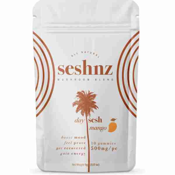 Package of Flurish seshnz Mushroom Blend Day Sesh 5000mg 10pc with mango-flavored gummies designed for daily mood enhancement.