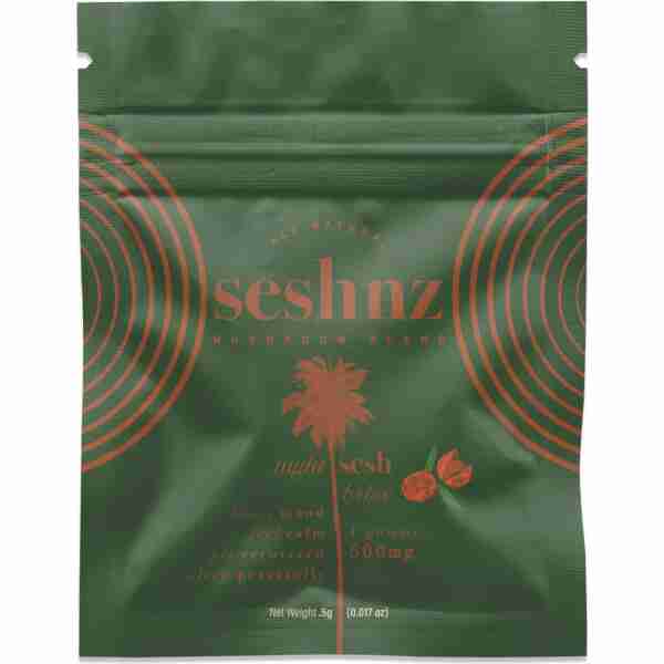 Green package of "Flurish seshnz Mushroom Blend Day Sesh 5000mg 10pc" with claims for night use to boost mood, feel calm, and sleep peacefully.