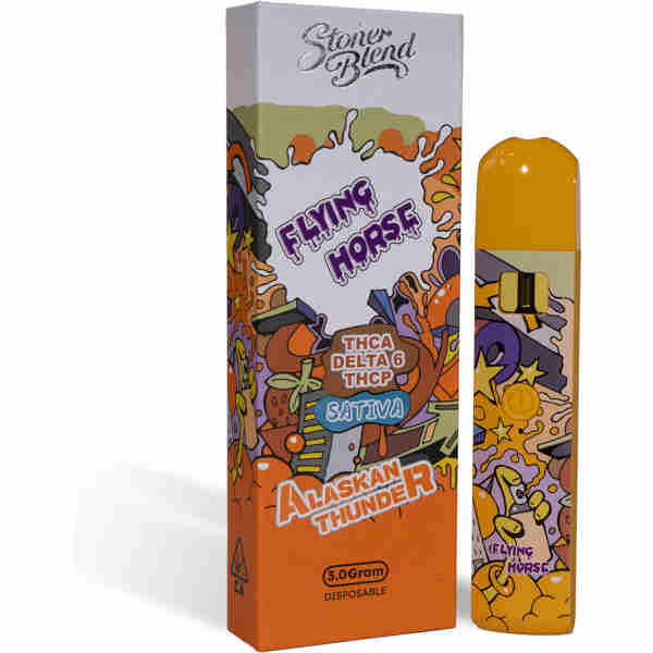 Disposable vape product with Flying Horse Stoner Blend Disposables 3g branding and "alaskan thunder" flavor indication.
