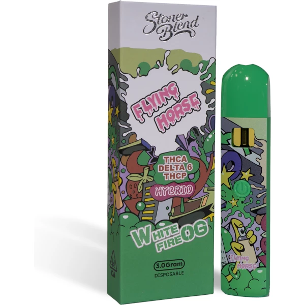 Colorful vape packaging and device with "Flying Horse Stoner Blend" and "White Fire" branding.