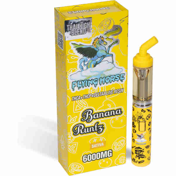 A vape cartridge and packaging with "Flying Horse Thai," "Banana Runtz," and "sativa 600mg" labels.