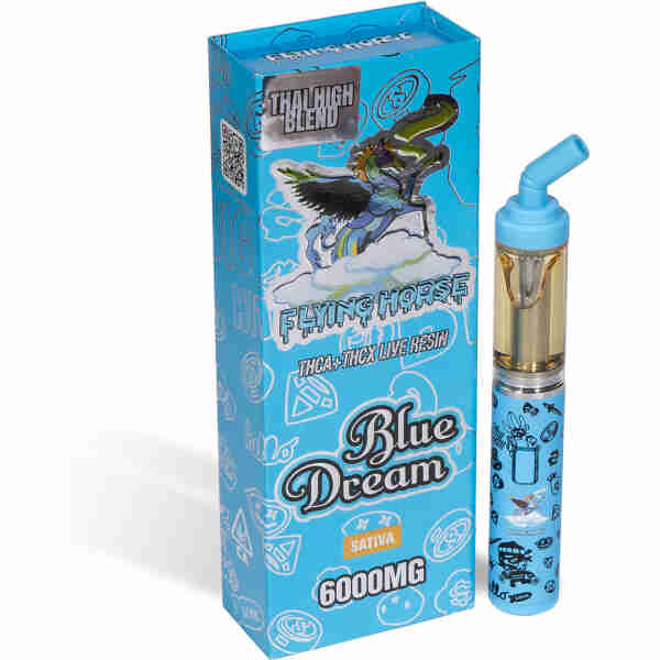 A vape cartridge labeled 'Blue Dream' with sativa blend THC concentrate, displayed next to its packaging for Disposables 6g.