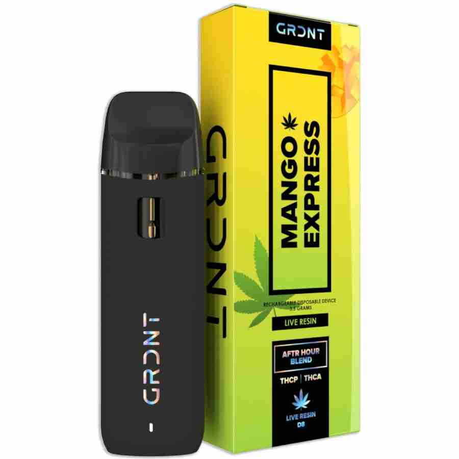 Black vape device next to its packaging labeled "Mango Express" with cannabis leaf graphics, from GRDNT.