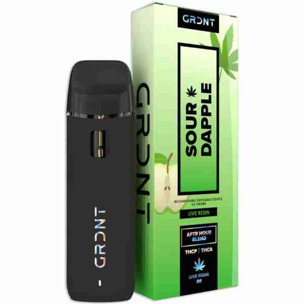 A vaping device next to its packaging with "GRDNT Aftr Hour Blend" branding and "sour dapple" flavor indication.