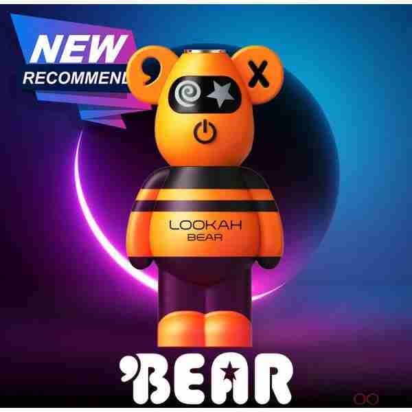 An orange bear-shaped figure with the text "Lookah Bear 510 Vape Battery" on a vibrant promotional graphic.