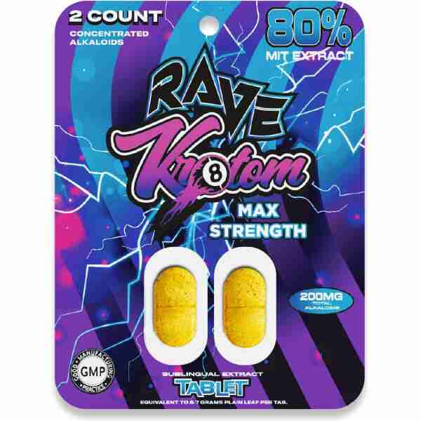 Packaging for Purlyf Rave Kratom Tablets MIT with vivid purple and blue design, featuring two yellow capsules each containing 20mg of mitragynine extract.