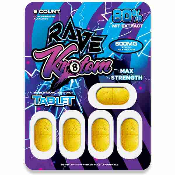 Packaging design for Purlyf Rave Kratom tablets, featuring five yellow tablets, vibrant blue and purple graphics, and text highlighting 500mg strength.