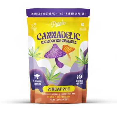 Product packaging for "Purple Magic microdose gummies" in pineapple flavor with thc content, depicting cannabis leaves and purple motifs.