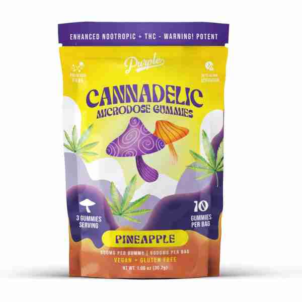 Product packaging for "Purple Magic microdose gummies" in pineapple flavor with thc content, depicting cannabis leaves and purple motifs.