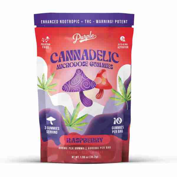 A stand-up pouch of Purple Magic Mushrooms microdose gummies with a raspberry flavor, advertising enhanced nootropic and THC content.