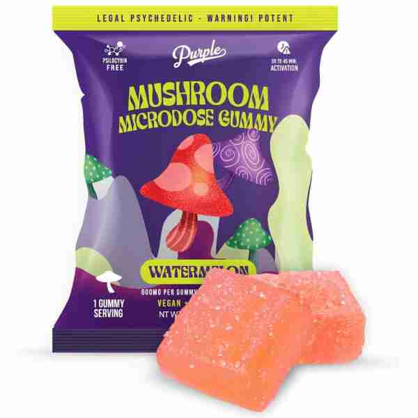 A product image showcasing "Purple Magic microdose gummies" with watermelon flavor and a single gummy candy in front of the packaging.