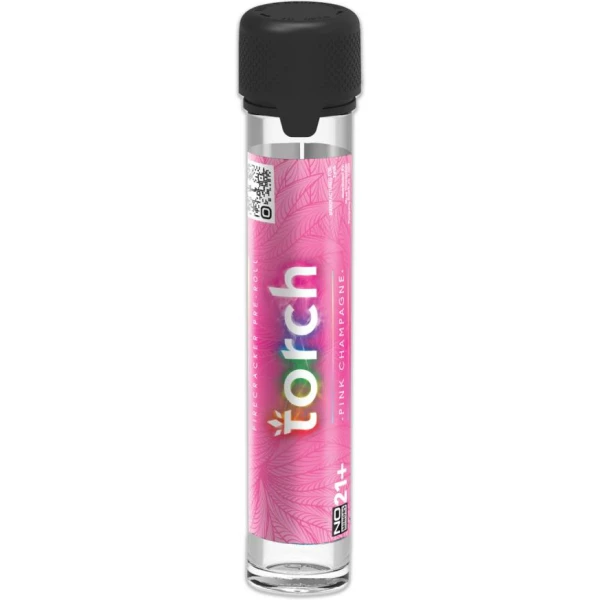 A cylindrical vape pen with a Pink Champagne label and black cap, branded "Torch Firecracker".
