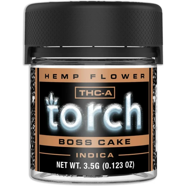 A jar of "torch" brand thc-a hemp flower labeled "boss cake indica" with a net weight of 3.5 grams becomes Flower Jars of "torch" brand thc-a