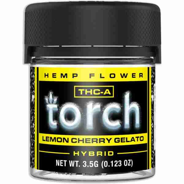 Jar of "THC-A hemp flower - Lemon Cherry Gelato hybrid" weighing 3.5 grams.