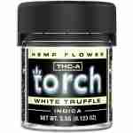 Jar of thc-a 'torch' brand hemp flower, White Truffle indica strain, net weight 3.5g.