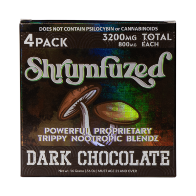 A product package labeled "shymfazed" with a stylized psychedelic mushroom design, advertising a "powerful proprietary dark nootropic blend," 3200mg total, 4 pack.