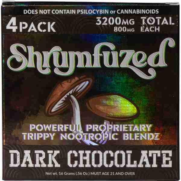 A product package labeled "shymfazed" with a stylized psychedelic mushroom design, advertising a "powerful proprietary dark nootropic blend," 3200mg total, 4 pack.