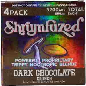 A colorful package of "shymfazed" Psychedelic Mushroom dark chocolate, labeled as a powerful, proprietary blend, containing 3200mg total with 800mg each, specifying for users