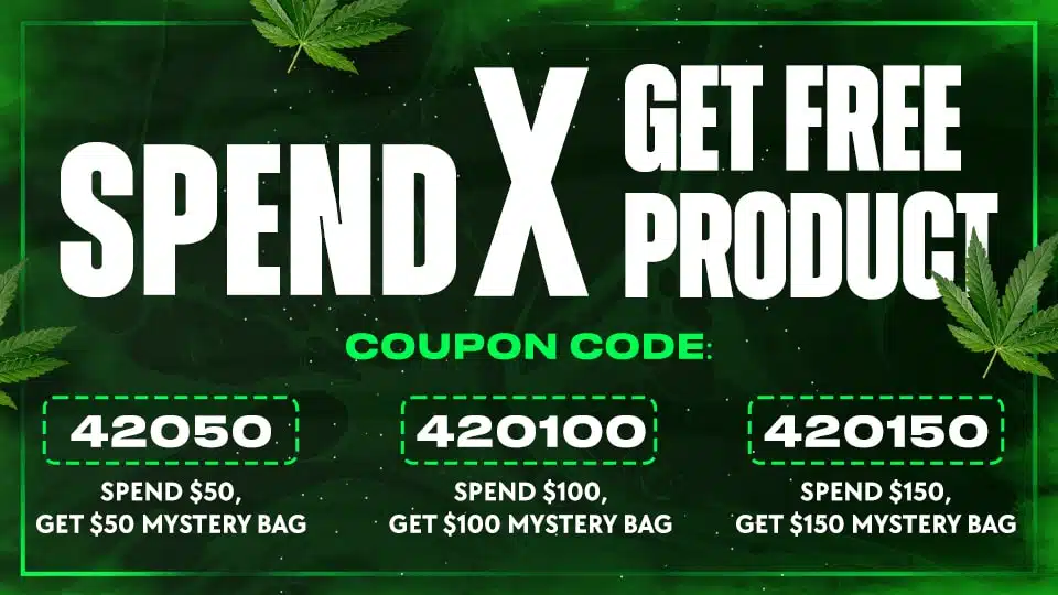 Spend a specific amount to receive a free product, with coupon codes provided for each spending threshold on a green promotional background.