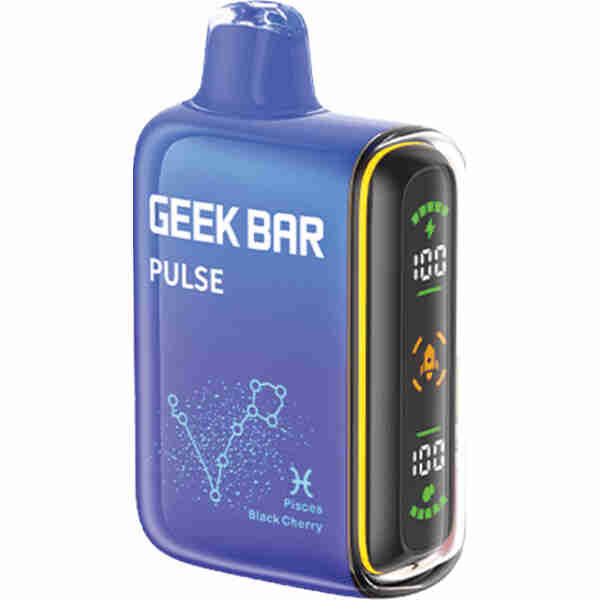 A vape device with a digital display screen labeled "geek bar pulse" in black cherry flavor.
