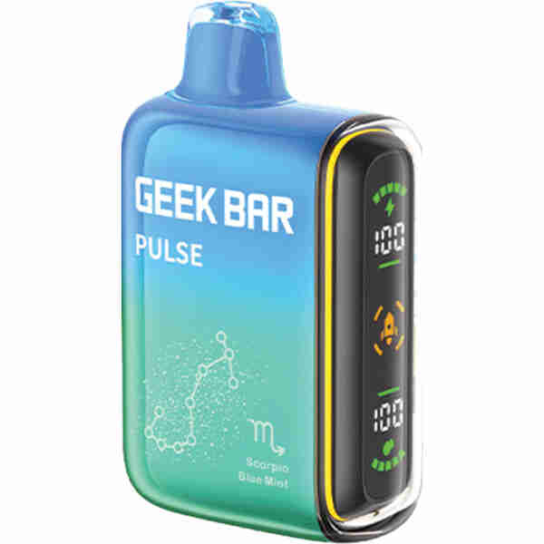 A blue mint-flavored geek bar pulse vaping device with digital display.