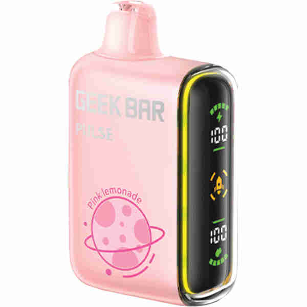 A pink geek bar pulse disposable vape device with a digital battery level display.