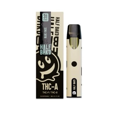 Disposable vape pen in packaging labeled "Half Bak'd" with THC content details, featuring a white and black color scheme.