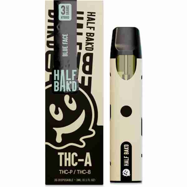 Disposable vape pen in packaging labeled "Half Bak'd" with THC content details, featuring a white and black color scheme.