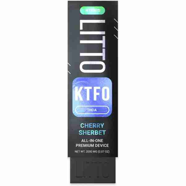 Disposable vape pen labeled "Litto Disposable Vapes hybrid cherry sherbet" with THCA, claimed as all-in-one premium device.