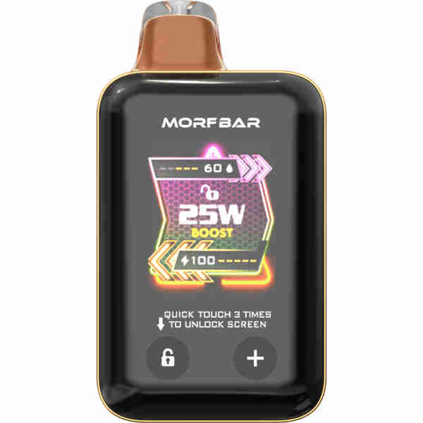 An electronic MORF Bar Touch vaping device with a digital display showing battery level, wattage, and a lock indicator.