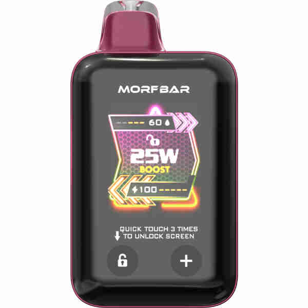 A digital illustration of a disposable nicotine vape displaying "35w boost" with charge indicators on a black touchscreen interface, branded "MORF Bar Touch 20k.