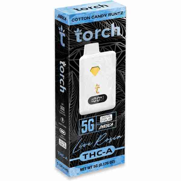 Torch brand cotton candy runtz-flavored disposable vape pen containing 5 grams of THCA live rosin, labeled as an indica strain.