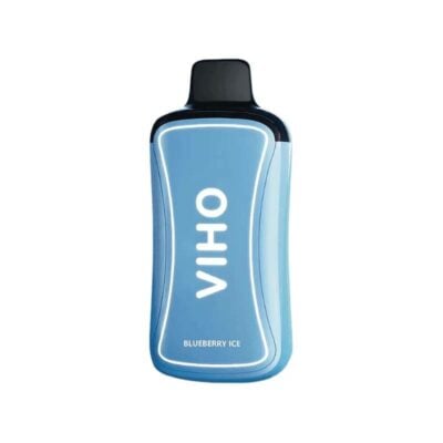 Blue and black VIHO Supercharge 20k disposable vape with "Blueberry Ice" flavor label, isolated on a white background.