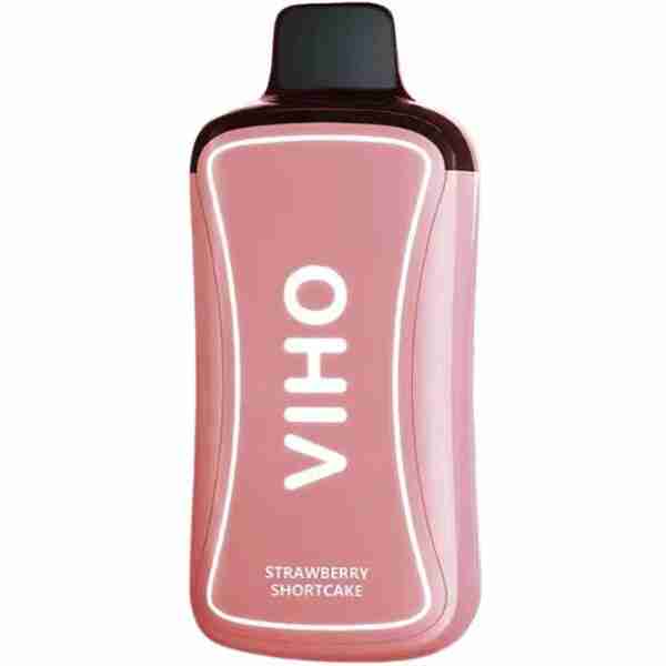 A pink bottle of VIHO Supercharge 20k strawberry shortcake flavored syrup isolated on a white background.