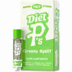 A green and white vape cartridge labeled "Diet P's Granny Spliff" indicates it contains 1000mg THCP and is a hybrid strain, with a total weight of 1 gram. This is one of the premium THCP cartridges available for an elevated experience.