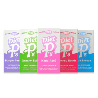 Five Diet P's THCP Cartridges 1g boxes are displayed in a row. The flavors are Purple Punch, Granny Splash, Nana Rosé, Berry Bomb, and Blue Breeze. Each box indicates 1g THC-P hybrid cartridges.