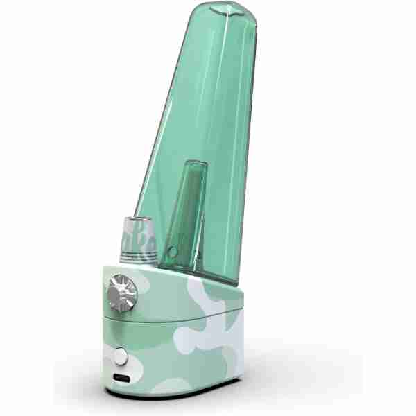 Image of a modern, sleek humidifier with a large, translucent green water tank and a white base featuring a green camo pattern. The device has a control knob and a button on the front, resembling the aesthetics of high-end cake dab rig vaporizers.