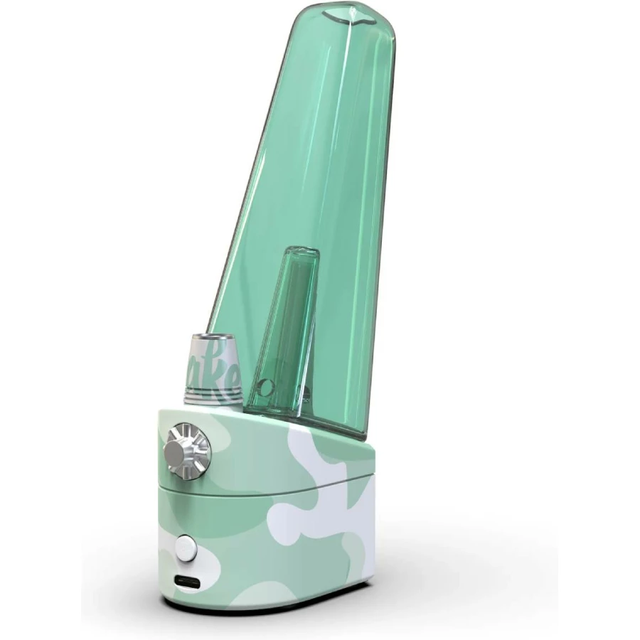 Image of a modern, sleek humidifier with a large, translucent green water tank and a white base featuring a green camo pattern. The device has a control knob and a button on the front, resembling the aesthetics of high-end cake dab rig vaporizers.