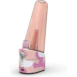 A pink camo-patterned electronic vaporizer with a transparent chamber and circular control knob on the side. The device, reminiscent of a sleek cake dab rig, features a USB charging port at the base.