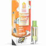 A vape cartridge package labeled "Modus Platinum Blend Diamond Sauce CBG-A + THC-P Alien Apple (Sativa) 2000MG." The orange package, adorned with diamond graphics, includes one of the premium Diamond Sauce Cartridges.