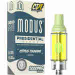 Image of a Modus Presidential Blend 3000 MG vape cartridge box and its cartridge. The box features "Citrus Tsunami" and "Sativa" labels, with a yellow liquid visible in the cartridge, showcasing the premium quality of Liquid Diamonds Cartridges.