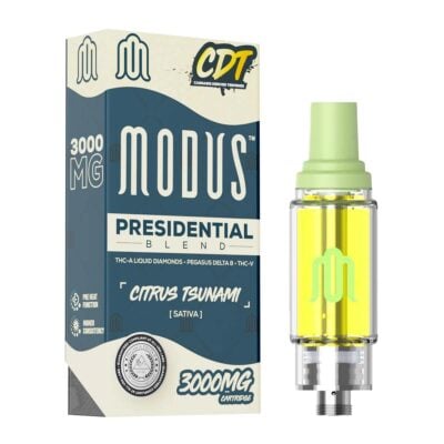 Image of a Modus Presidential Blend 3000 MG vape cartridge box and its cartridge. The box features "Citrus Tsunami" and "Sativa" labels, with a yellow liquid visible in the cartridge, showcasing the premium quality of Liquid Diamonds Cartridges.