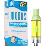 A box and vape cartridge for Modus Presidential Blend "Cotton Candy Zelato" indica flavor with 3000mg THC-A, liquid diamonds, delta-8, and THC-V, alongside CDT (Cannabis-Derived Terpenes) branding. Indulge in the premium experience of our Liquid Diamonds Cartridges.