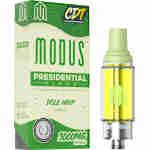 An image of a green and yellow "Modus Presidential Blend" Liquid Diamonds Cartridges box labeled "Dole Whip" and 3000mg, next to a matching vape cartridge.