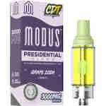 Image of Modus Presidential Blend Grape Zoda Indica vape cartridge. The box features 3000 MG potency and a yellow cartridge with a green tip, crafted as one of their premium Liquid Diamonds Cartridges.