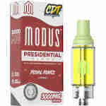 A red box labeled "MODUS Presidential Blend" THC cartridge, 3000 MG, sits beside the Liquid Diamonds Cartridge filled with yellow liquid, compatible with vaping devices. The flavor is Royal Runtz (Hybrid).